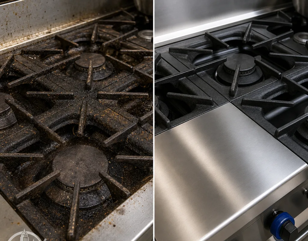 Kitchen stovetop before and after grease and buildup removal