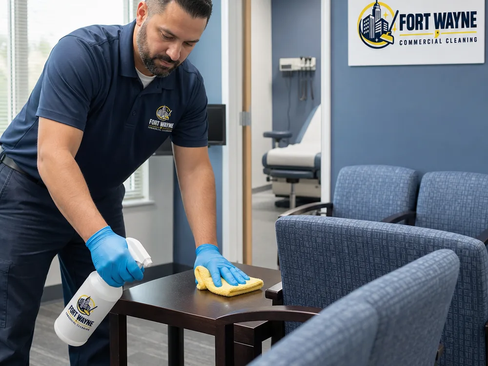 Cleaner disinfecting clinic waiting room chairs and side tables in a medical office